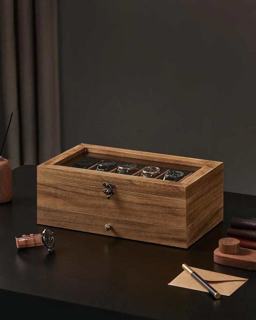 Cutie de ceasuri, Songmics, 19 x 34 x 12.5 cm, JOW012K01, Maro