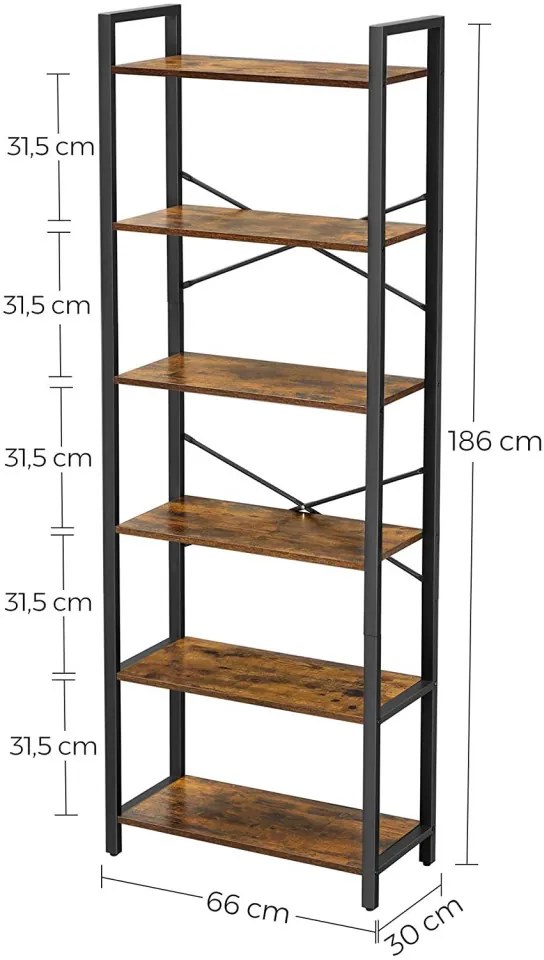 RAI24 - Rafturi 66x30x186 cm, pentru birou, living, hol, dormitor, stil industrial - Maro