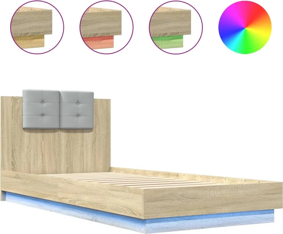 vidaXL Cadru de pat cu tăblie și LED, stejar sonoma, 90x200 cm
