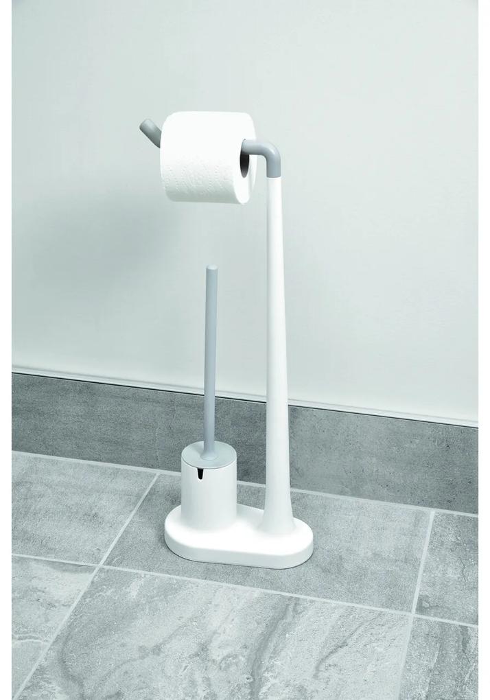 Suport hartie igienica si perie de toaleta Cade, iDesign, 23x13.5x64 cm, alb/gri