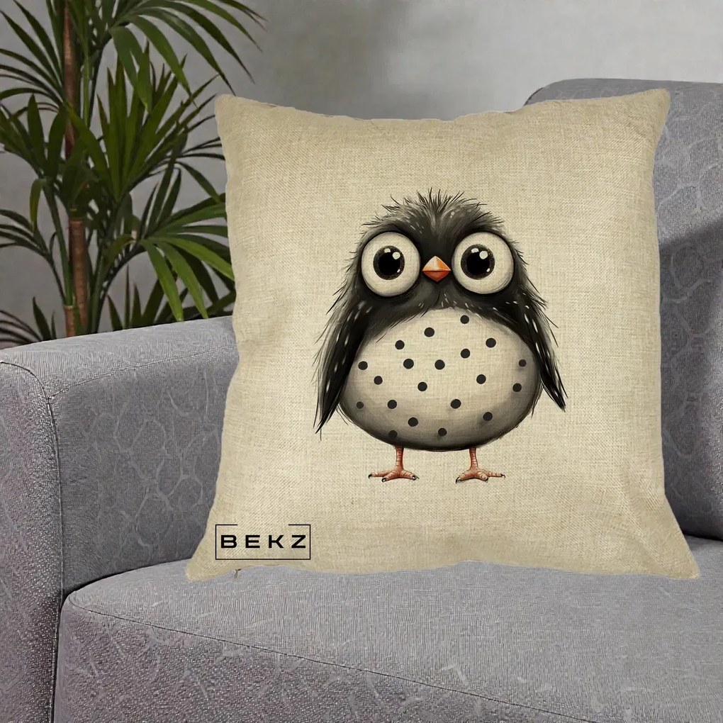 Perna Decorativa Bufnita Neagra cu Buline Albe, 40x40 cm, Crem, Husa Detasabila, Perna Inclusa, BEKZ®