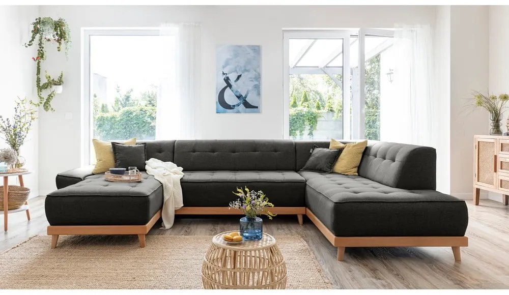 Canapea extensibilă în formă de "U" cu șezlong pe partea dreaptă Miuform Dazzling Daisy, gri închis