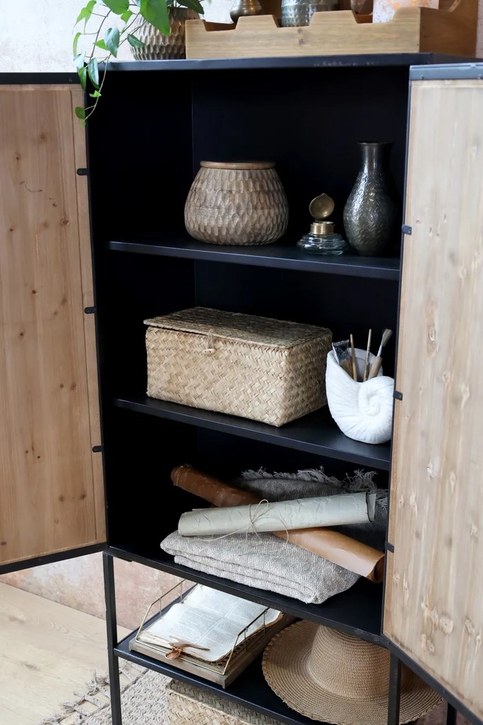 Dulap cu 2 uși și raft deschis, din lemn reciclat și metal, aspect rustic