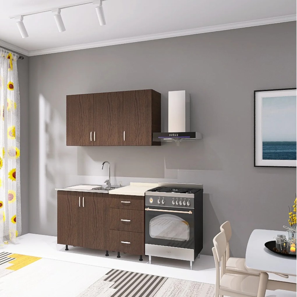 Bucatarie 120 cm Lungime, Material PAL 18mm, Culoare Wenge, Blat termorezistent 2.8 cm Grosime