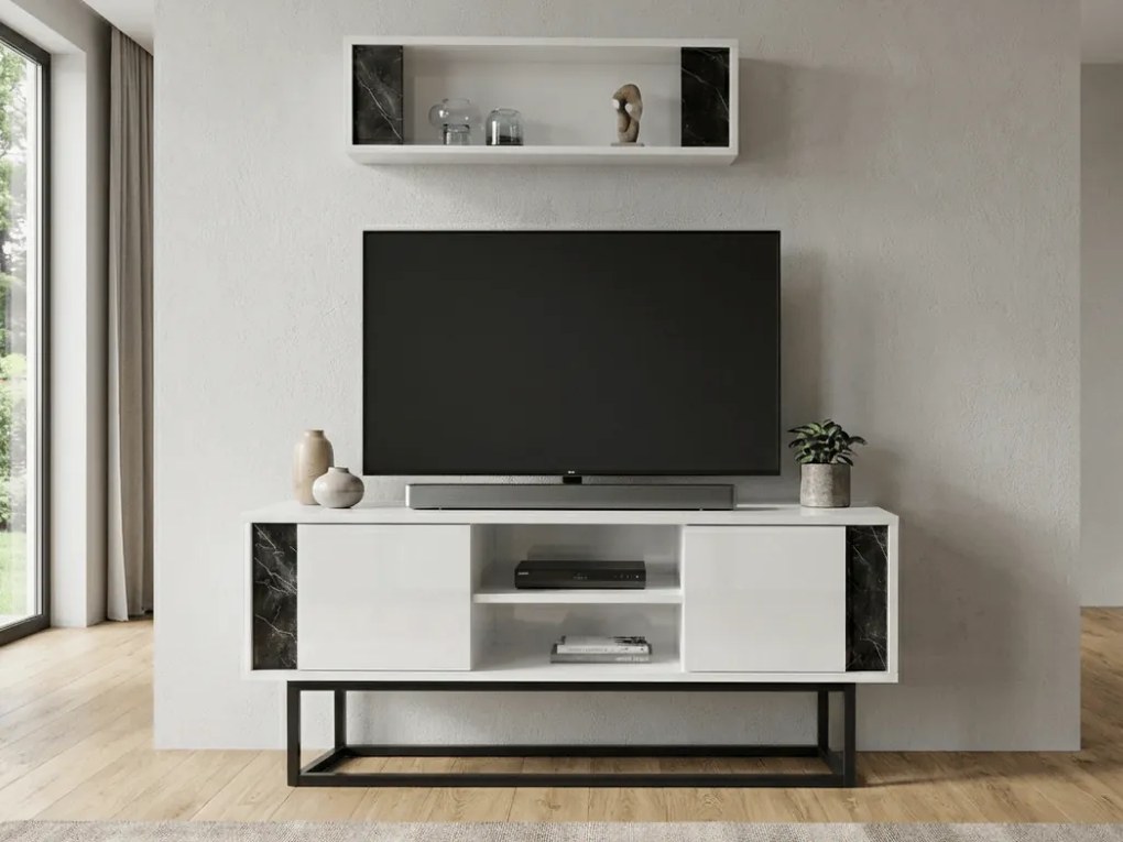 Comoda TV CLARA 160 cm cu polita de perete, alb/marmura neagra