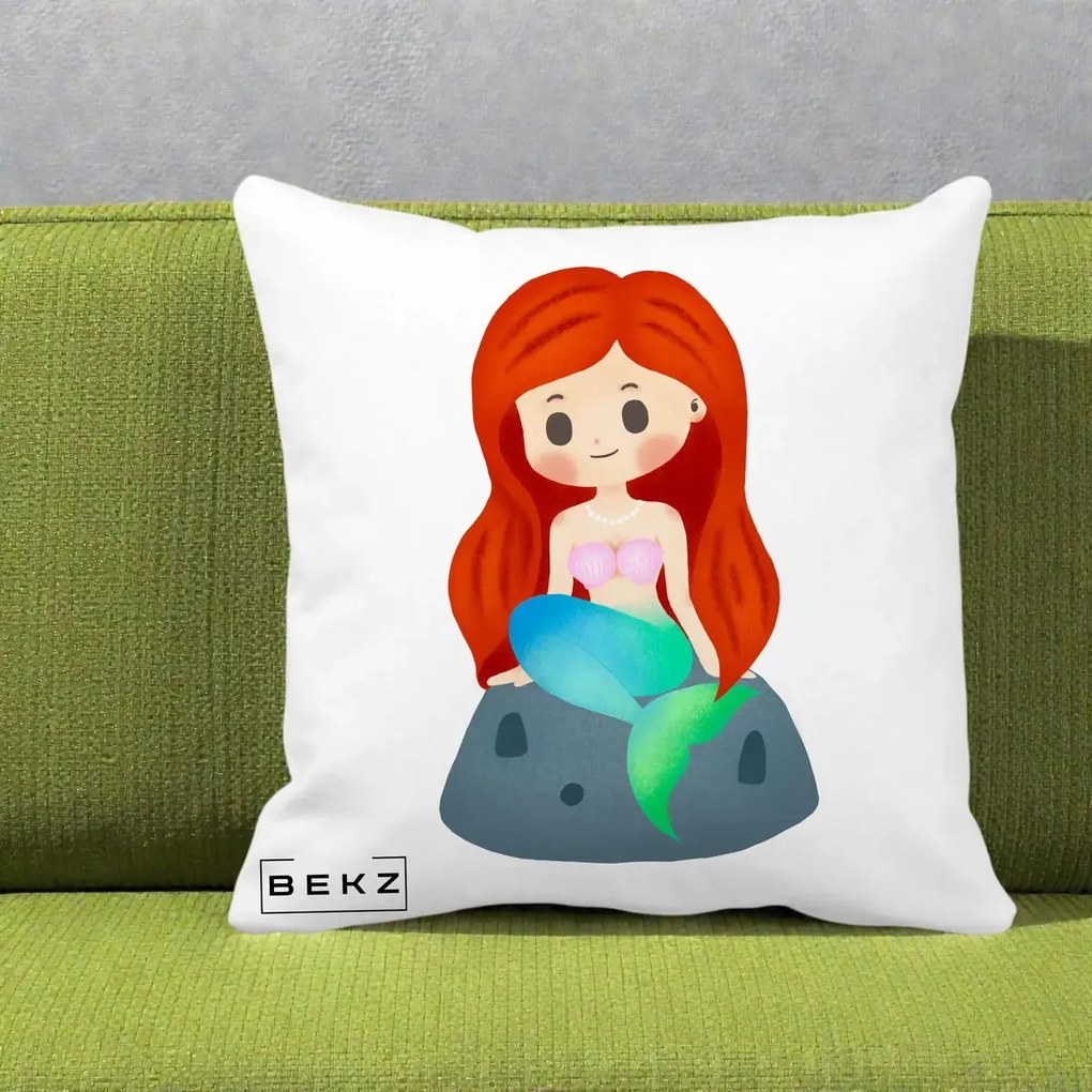 Perna Personalizata Sirena Kawaii Roscat, 40x40 cm, Alba Mata, Husa Detasabila, Perna Inclusa, BEKZ®