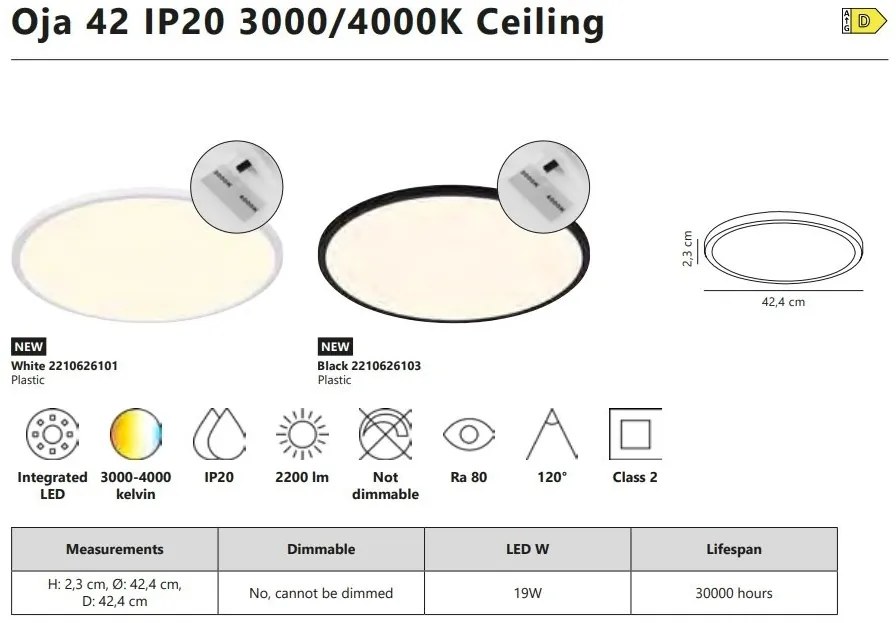 Plafoniera slim LED Oja 42 IP20 3000/4000K alb