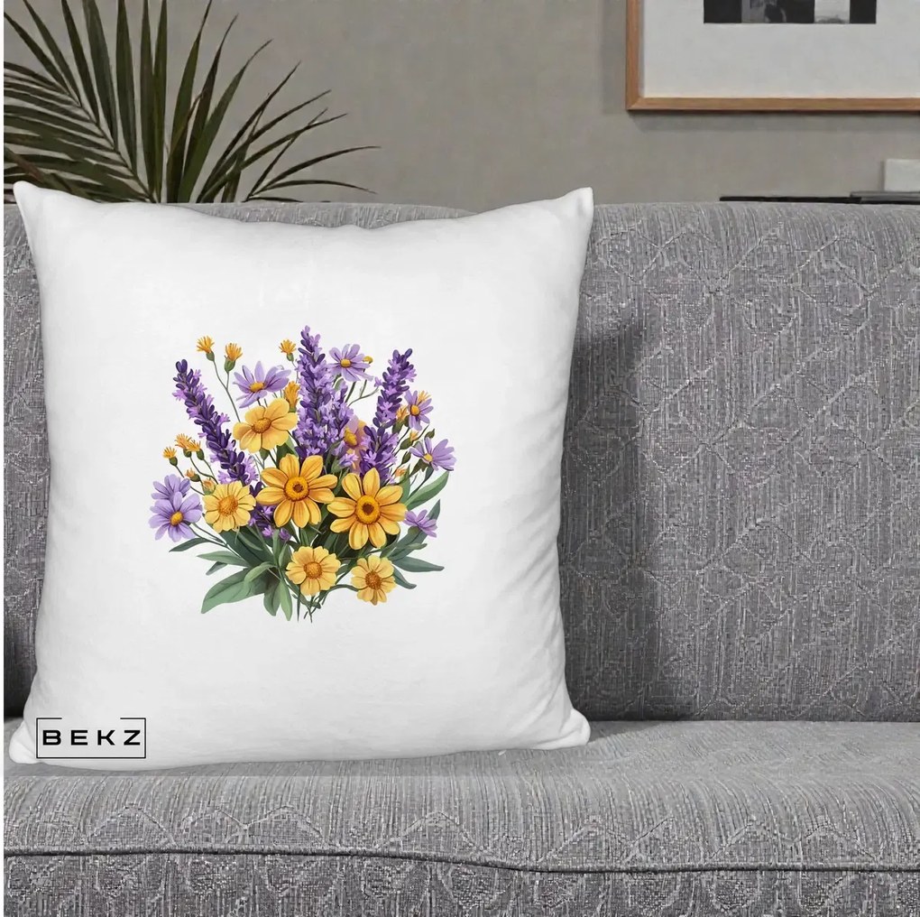 Perna Decorativa Lavanda cu Margarete Galbene si Lila, 40x40 cm, Alb Pufos, Husa Detasabila, Perna Inclusa, BEKZ®