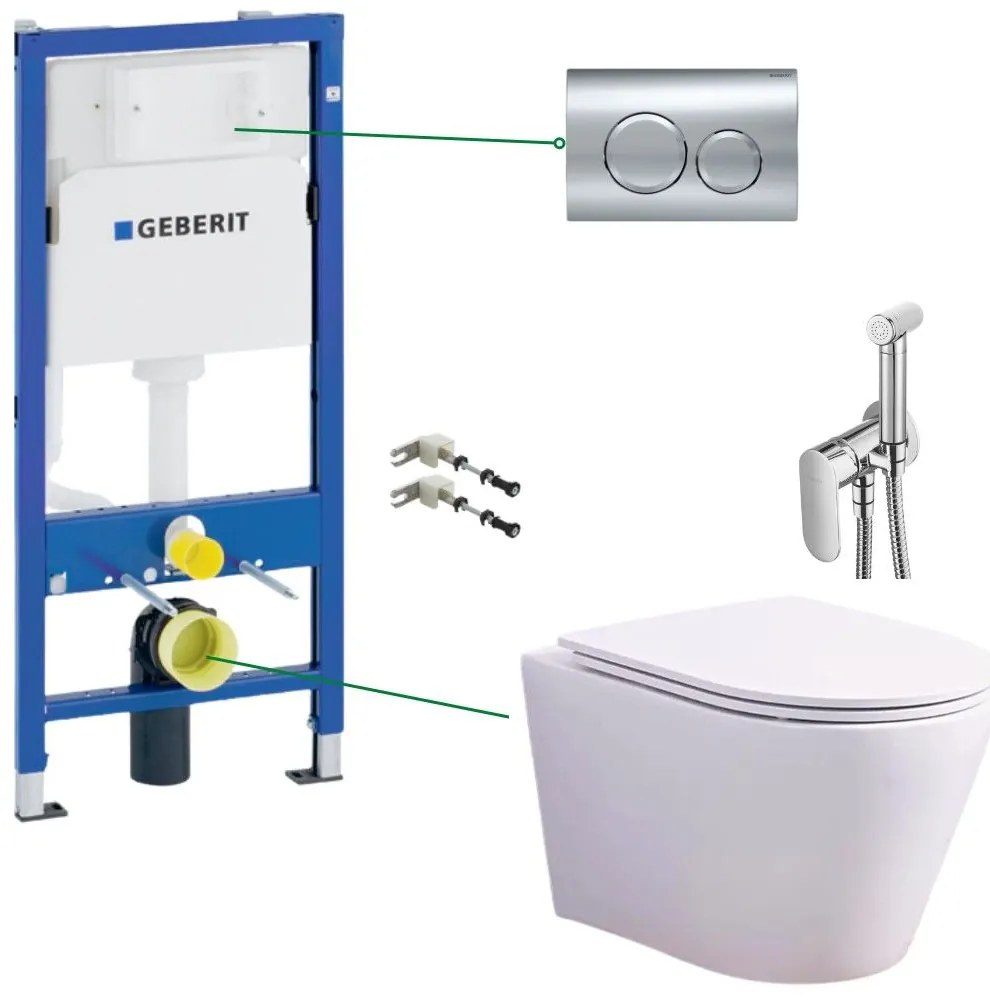 Set vas wc suspendat rimless cu capac soft close, baterie bideu, rezervor incastrat si clapeta Geberit Delta