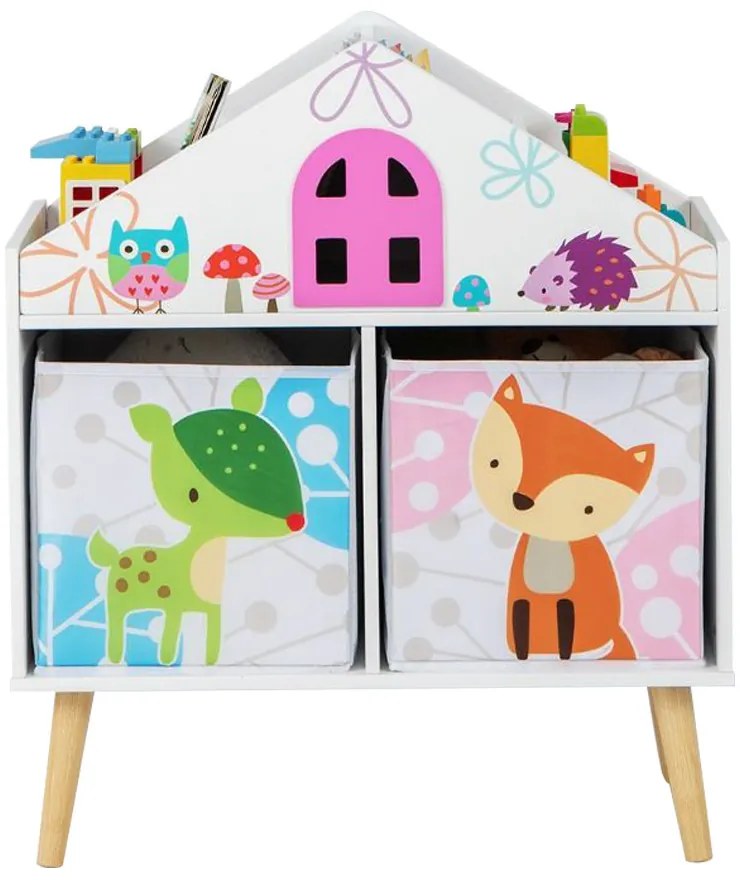 Raftă pentru cărți în formă de casă cu 2 cutii de depozitare