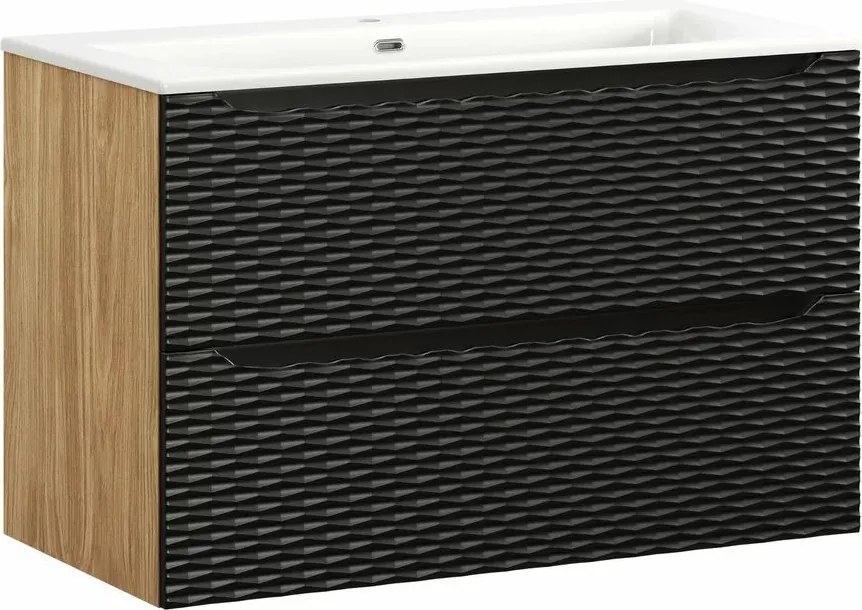 Set dulap baza suspendat 90 cm cu lavoar Comad Ocean stejar uleiat si negru mat