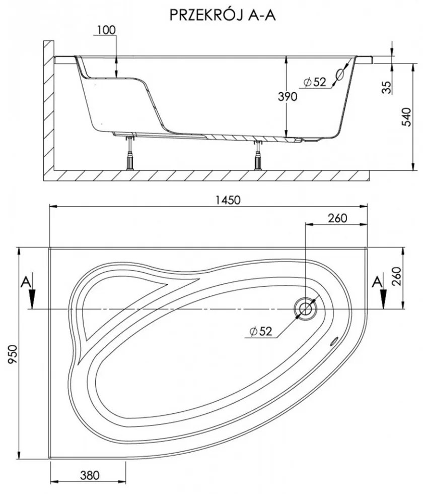 Cadă SIMPLA 95x145 asimetrică stânga