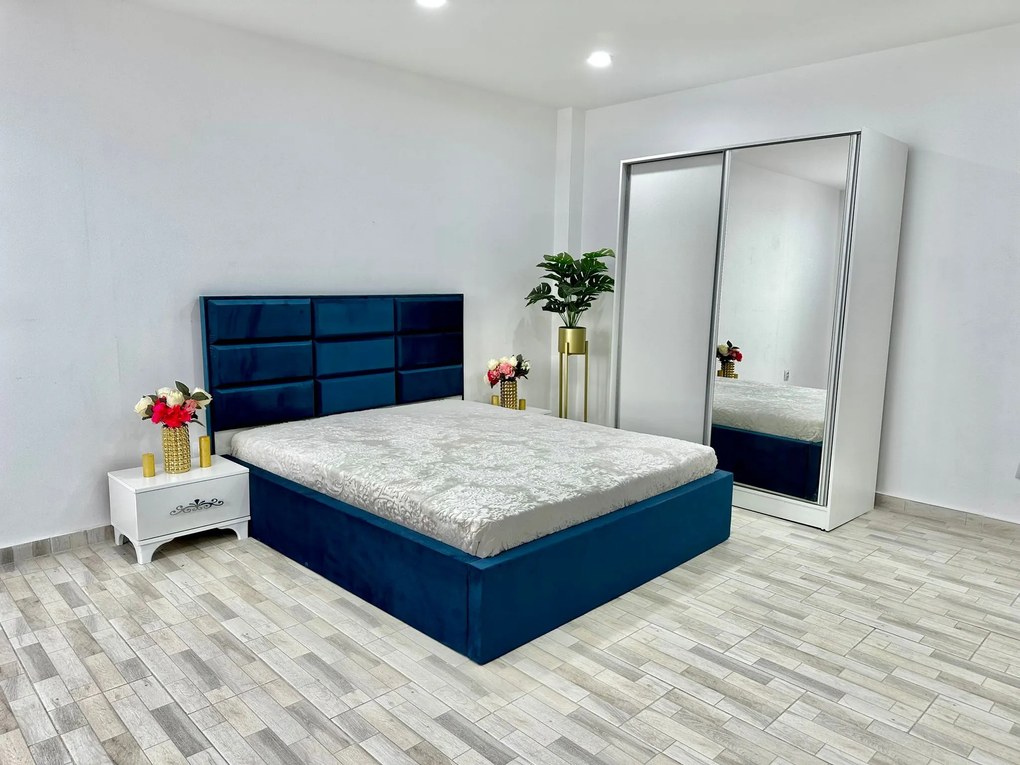 Dormitor Roma, culoare albastru / alb, cu pat Roma 160 x 200 cm, dressing Erika si 2 noptiere Viena