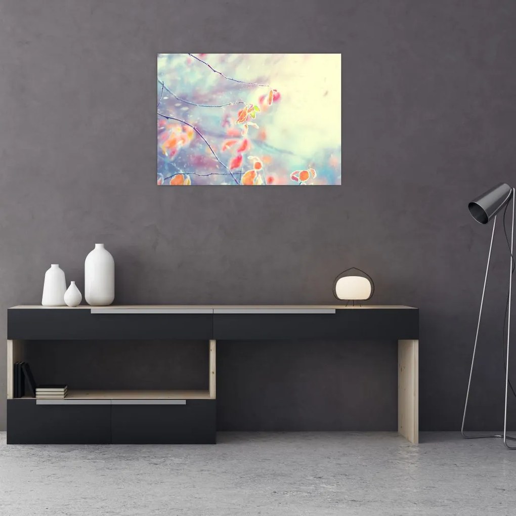 Tablou pe sticlă - Frunze în gheață (70x50 cm)