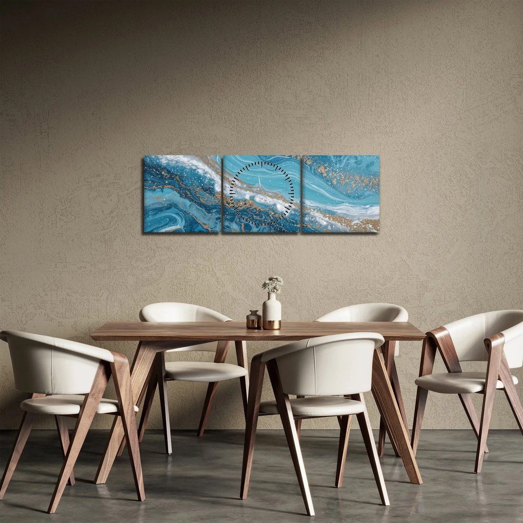 Tablou - Marmură bleu cu aur I. (cu ceas) (90x30 cm)
