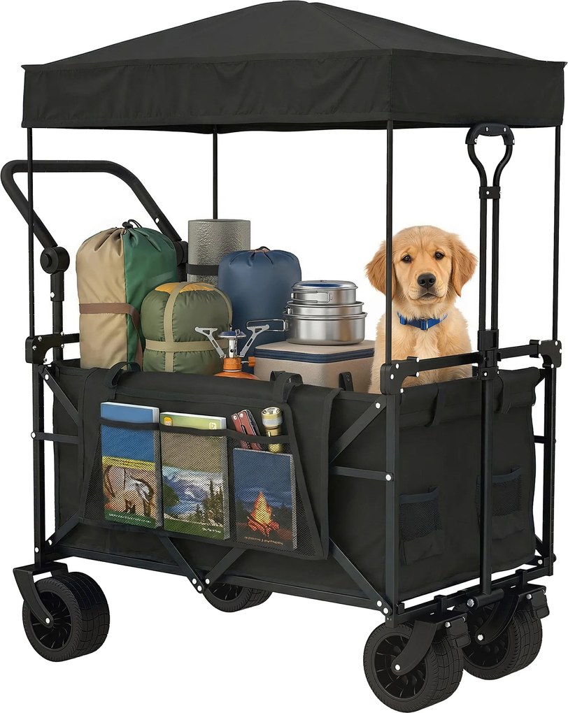 Outsunny Cărucior de grădină pliabil cu roți mari blocabile, bară reglabilă și suport pentru pahare pentru camping 125x59x133 cm Negru | Aosom Romania