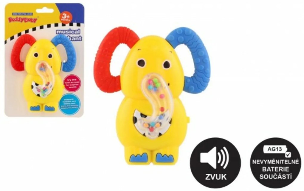 Ratt le / Teether elefant plastic 10x12cm pe baterie cu sunet pe card 3m+