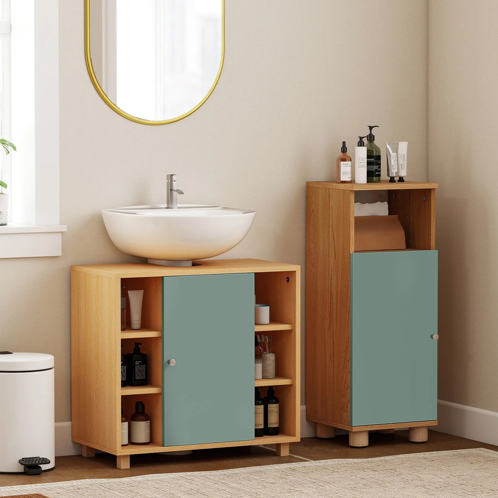 HOMCOM Corp sub lavoar, mobilier de baie cu 6 rafturi deschise și ușă cu închidere amortizată 60 x 33 x 57 cm, verde | Aosom Romania