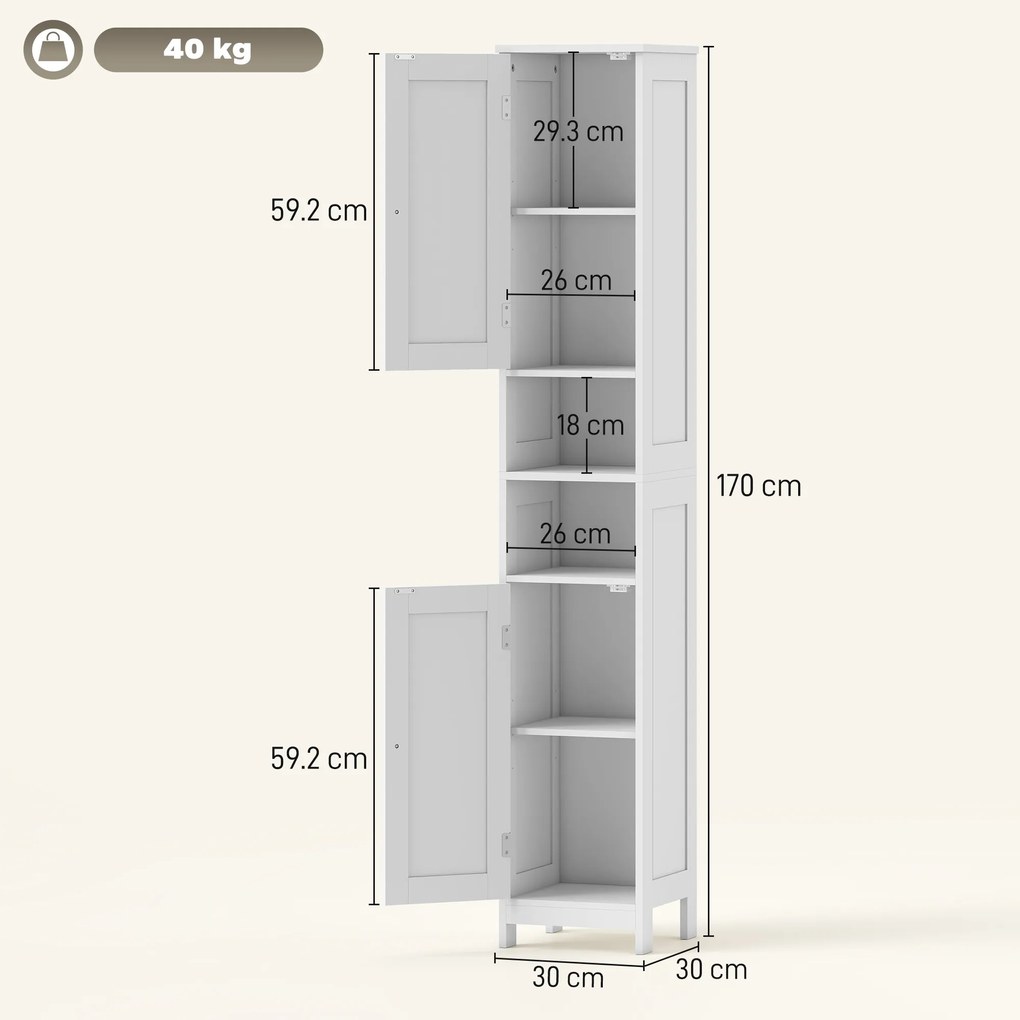 HOMCOM Dulap înalt și îngust pentru baie cu uși, rafturi deschise, 30 x 30 x 170 cm, Alb | Aosom Romania