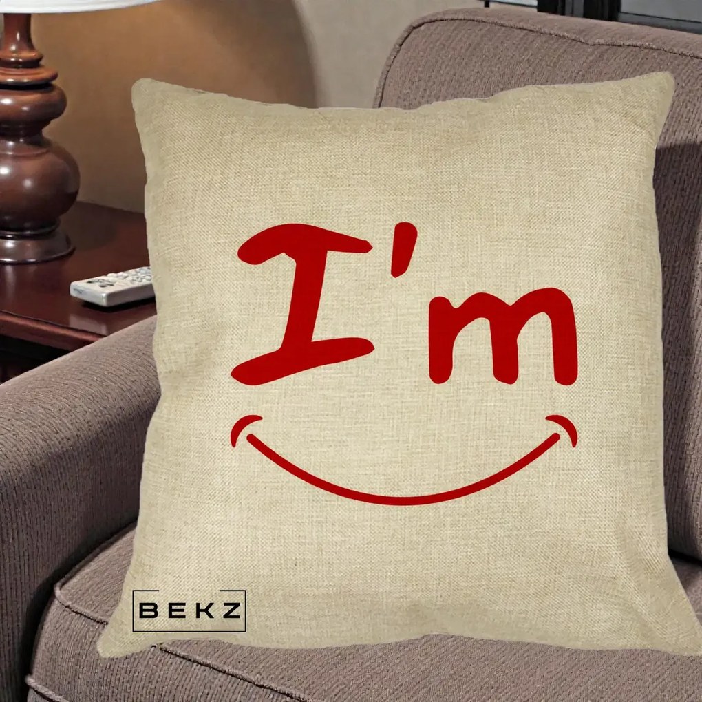 Perna Decorativa I'm Happy Smile, 40x40 cm, Crem, Husa Detasabila, Perna Inclusa, BEKZ®