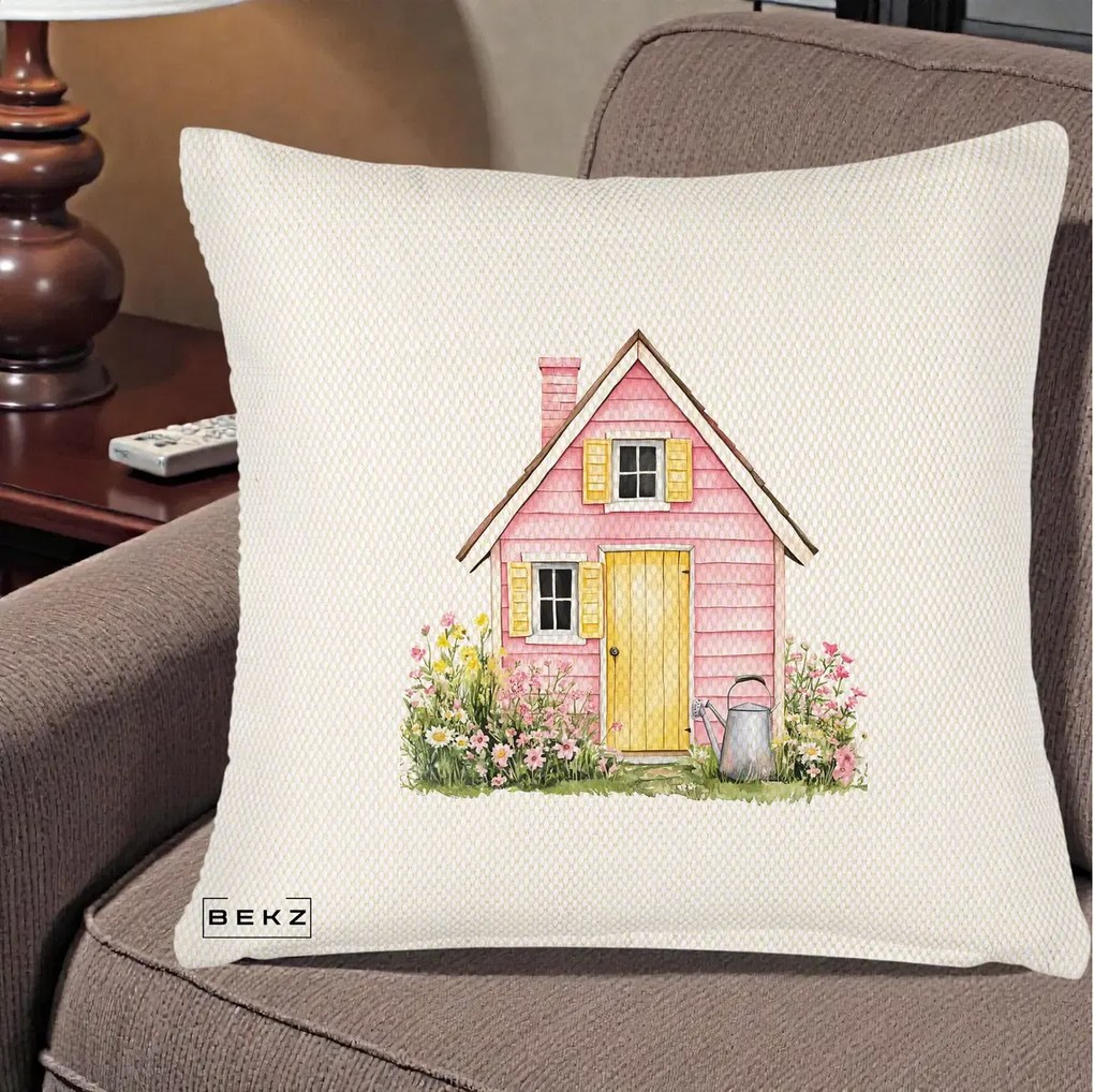 Perna Decorativa Casuta Roz Acuarela cu Gradina, 40x40 cm, Crem Reliefat, Husa Detasabila, Perna Inclusa, BEKZ®