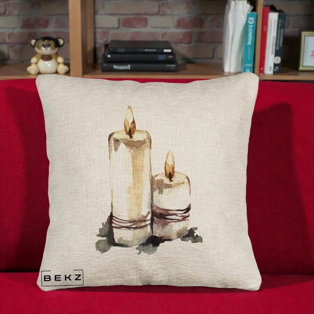 Perna Decorativa Lumanari Acuarela Iarna, 40x40 cm, Bej Canapea, Husa Detasabila, Perna Inclusa, BEKZ®