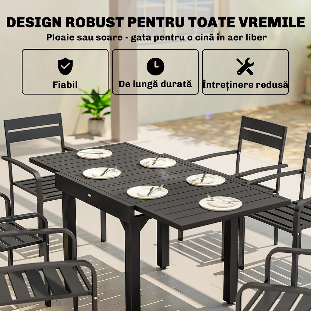 Outsunny Masă de Bucătărie Extensibilă pentru Terasă, 4-6 Persoane, 80-160 cm Masă Extensibilă din Aluminiu cu Blat din Lamele, Negru | Aosom Romania