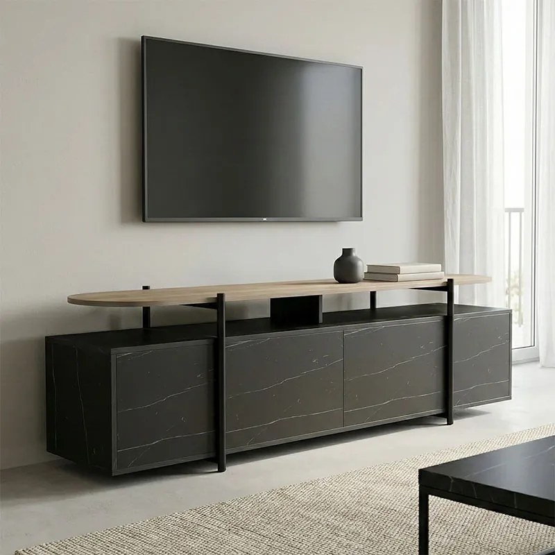 Comoda TV Medora, finisaj sonoma cu marmura neagra, 160 x 35.5 x 50 cm