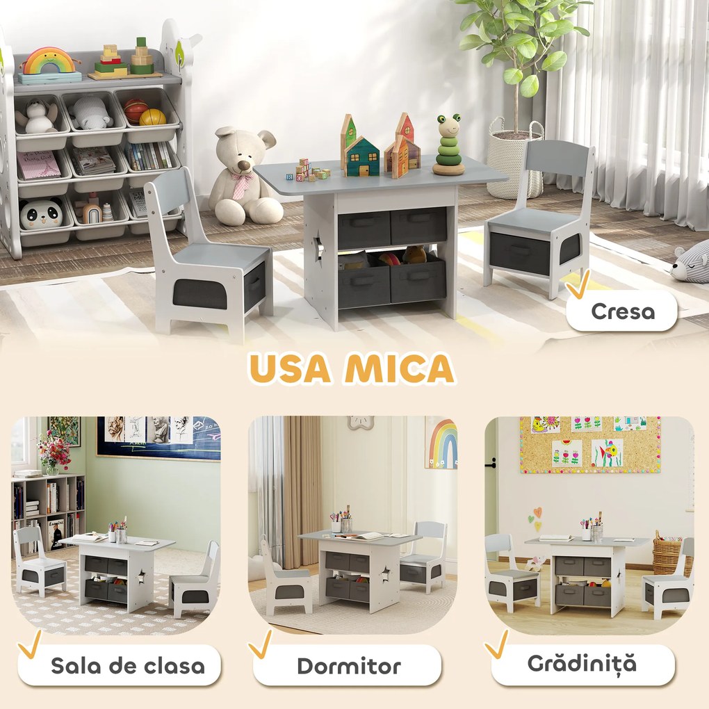 AIYAPLAY Set masă și scaune pentru copii cu 6 sertare detașabile, gri deschis | Aosom Romania