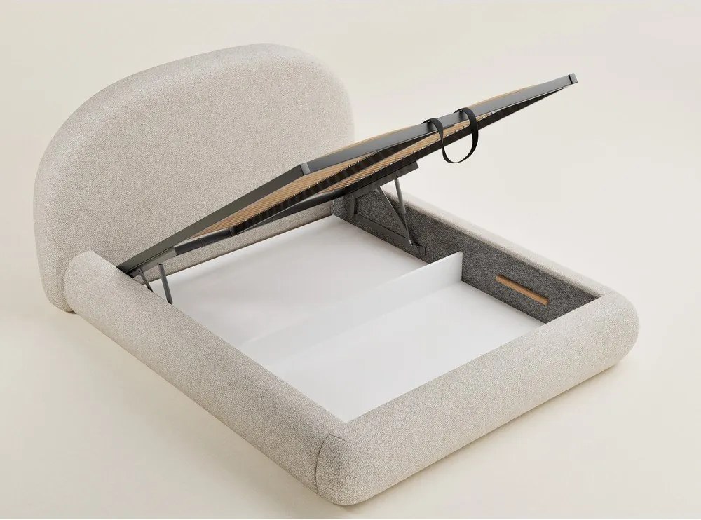 Pat matrimonial crem tapițat cu spațiu de depozitare cu somieră 180x200 cm Maumere – Maison de Rêve