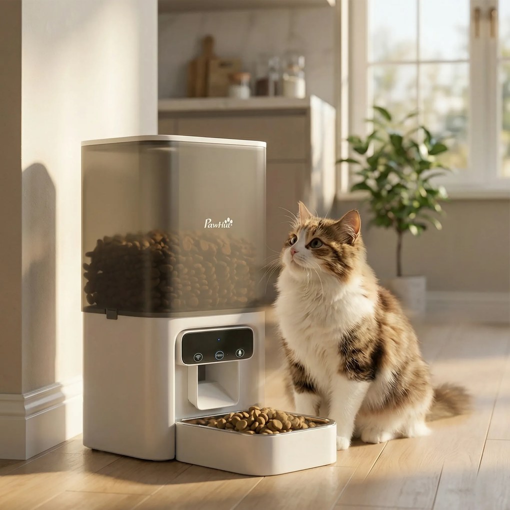 PawHut Distribuitor Automat pentru Pisici, 4.5L WiFi cu Timer, Programabil pentru 1-10 Mese, Hrănitor Automat cu Înregistrare Vocală și Alimentare Dublă pentru Pisici și Câini de Talie Mică | Aosom Romania