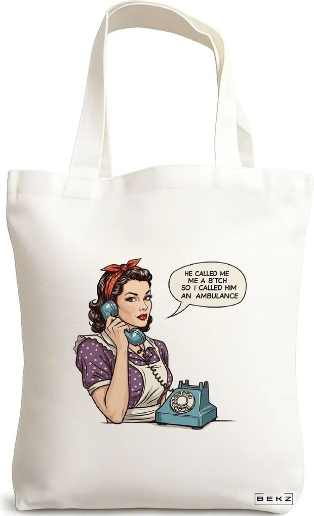 Sacosa de Panza pentru Cumparaturi, Geanta Tote, model The phone girl 38 x 34.5 cm, Alba, BEKZ®