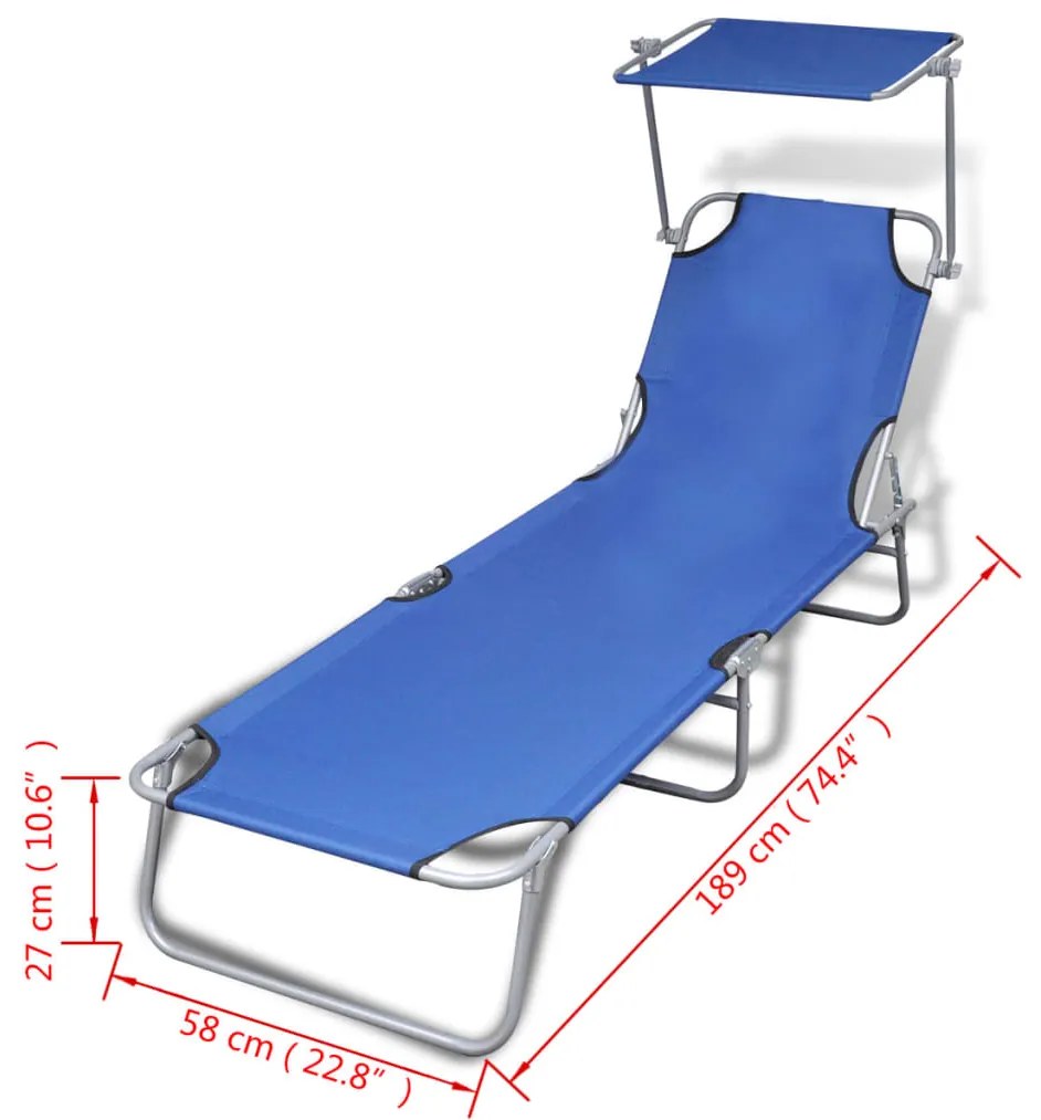 Sezlong pliabil cu protectie solara 189 x 58 x 27 cm, Albastru 1, Albastru