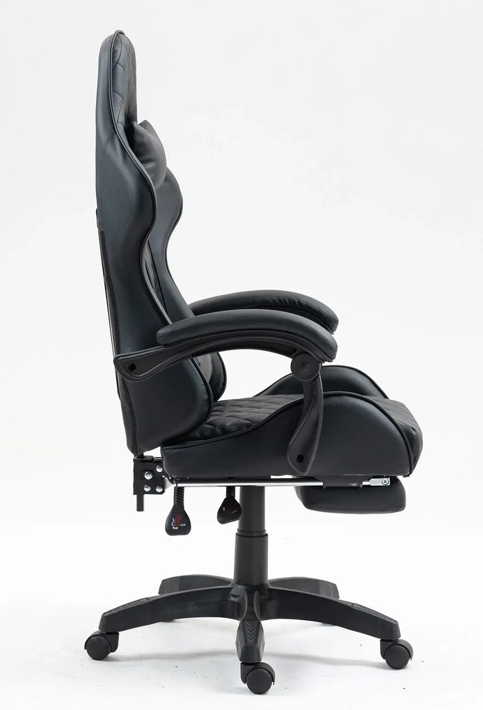 RESIGILAT- Scaun gaming, ergonomic, perna suport lombar cu masaj, spătar rabatabil, tetieră, suport pentru picioare, PU, Negru