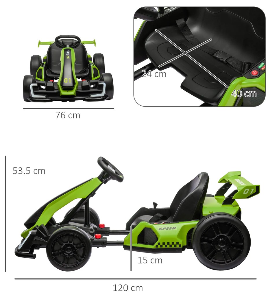 HOMCOM Go Kart Electric pentru Copii cu Scaun Reglabil, 2 Motoare, Claxon, Lumini și Muzică, 120x76x53,5 cm, Verde | Aosom Romania