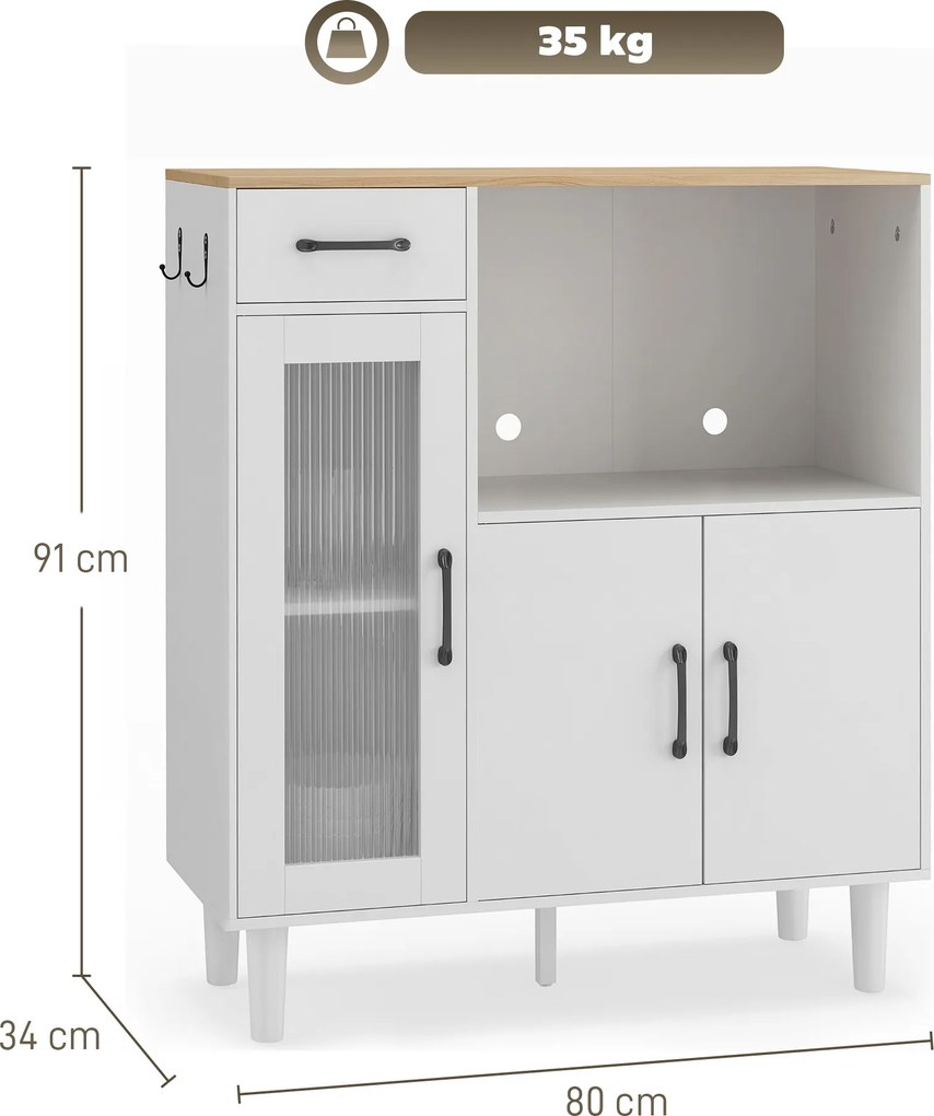 HOMCOM Bufet dulap de bucătărie cu sertar, 2 dulapuri, compartiment deschis, ușă acrilică nervurată 80 x 34 x 91 cm Alb+Stejar | Aosom Romania