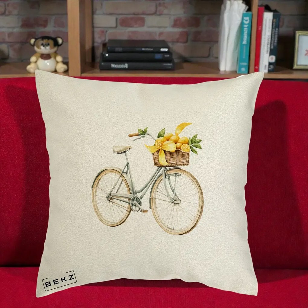 Perna Decorativa Bicicleta cu Cos de Lamai Mediteranean, 40x40 cm, Ecru, Husa Detasabila, Perna Inclusa, BEKZ®