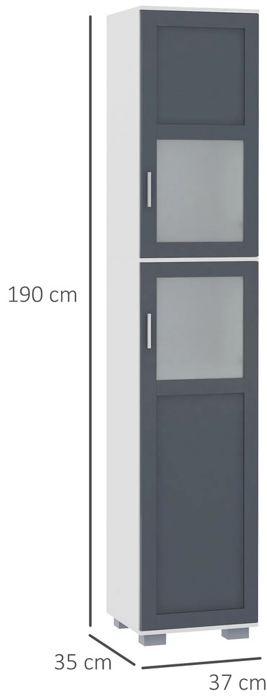 kleankin Dulap înalt de Baie Mobilier Coloană de Baie cu 2 Uși de Sticlă Temperată și Rafturi Ajustabile 37x35x190 cm Alb și Gri | Aosom Romania