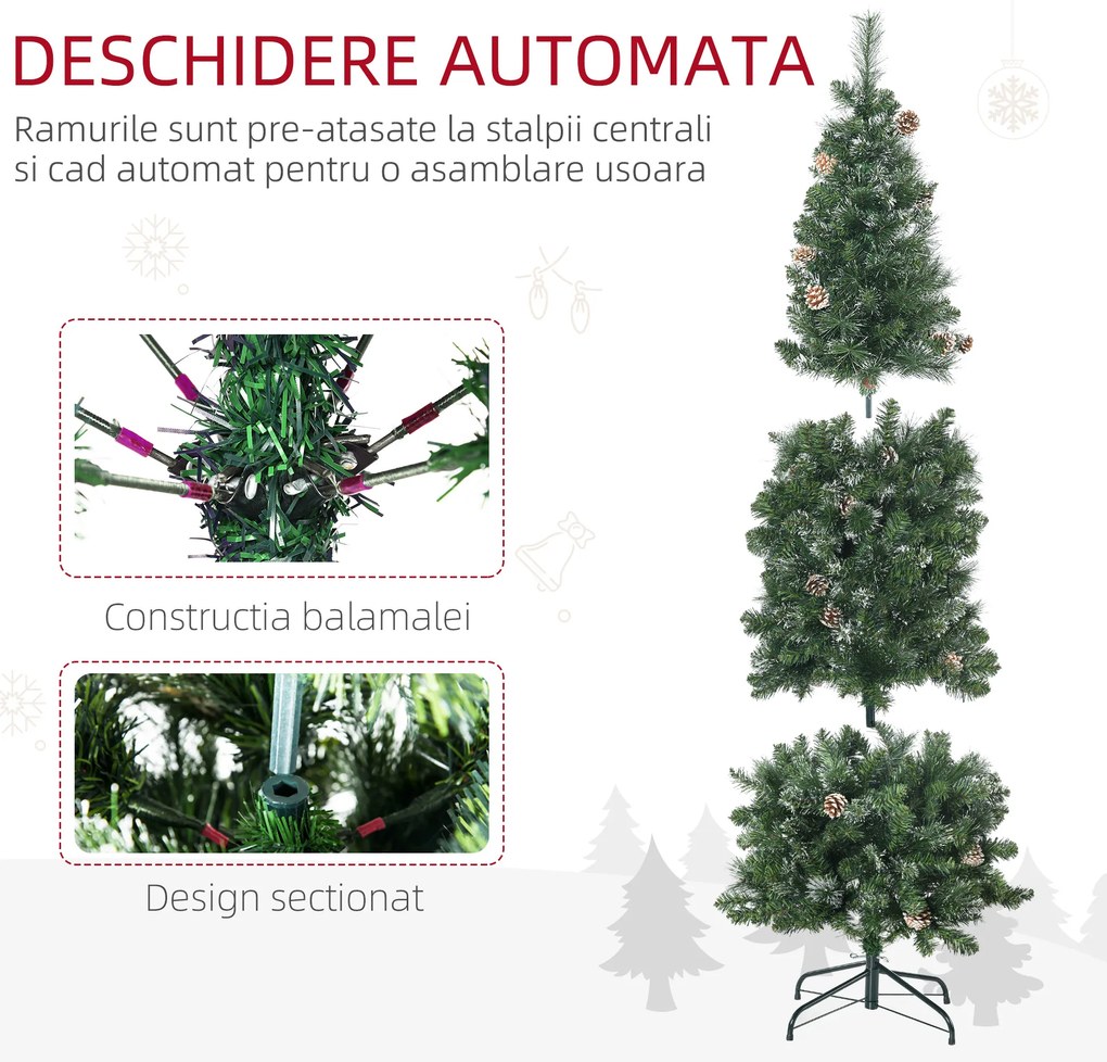 Pom de Craciun Artificial Inalt de 6 ft Tip Creion cu 618 Ramuri Scufundate In Zapada, Deschidere Automata, Baza de Otel, Verde HOMCOM | Aosom Romania