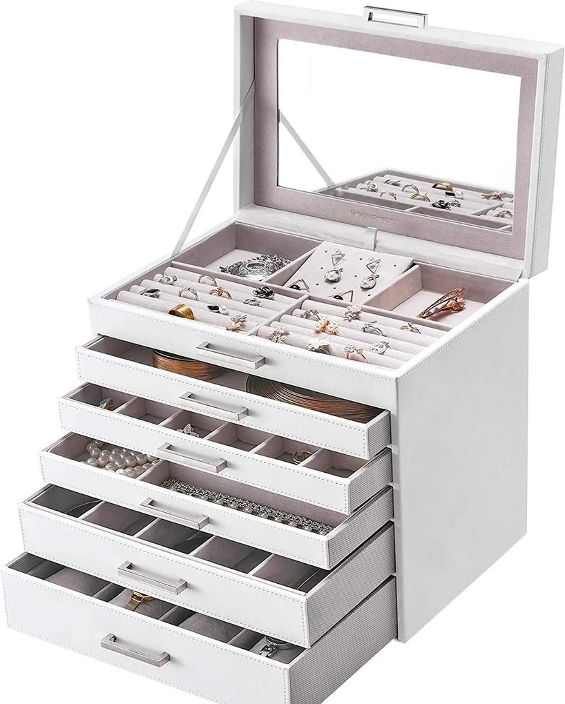 Cutie pentru bijuterii cu 6 niveluri 5 sertare oglinda Alb