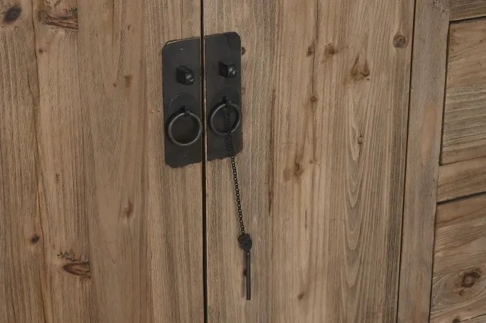 Bufet din lemn reciclat, natur, cu 2 uși, 6 sertare și încuietoare cu cheie, aspect rustic, finisaj natural, 85 x 180 x 45 cm, „Étable”