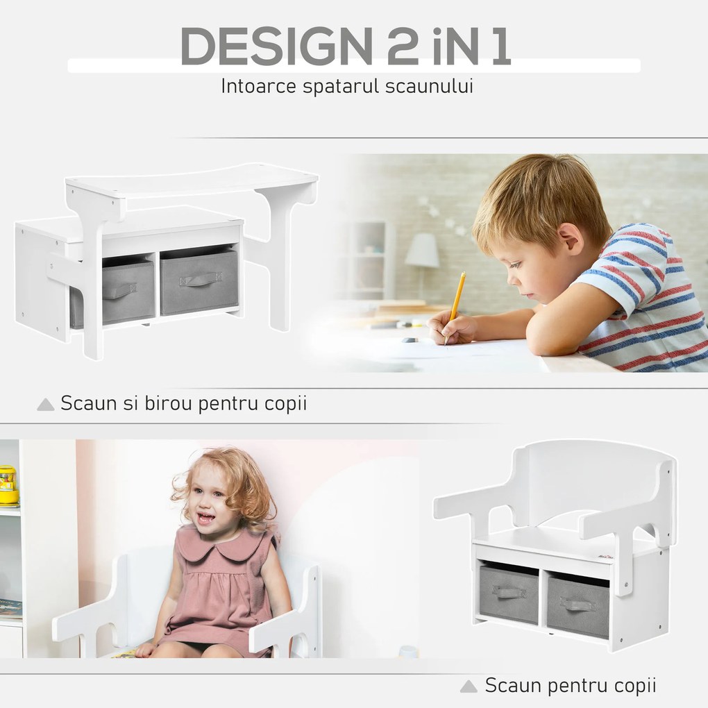 HOMCOM banca pentru copii 2 in 1, 60x43x57cm, alba | AOSOM RO