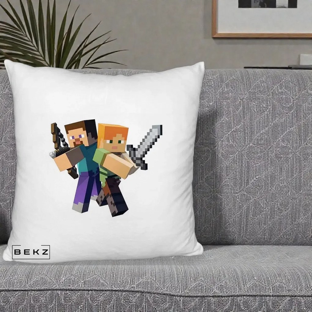 Perna Personalizata Minecraft Steve si Alex, 40x40 cm, Alb Pufos, Husa Detasabila, Perna Inclusa, BEKZ®