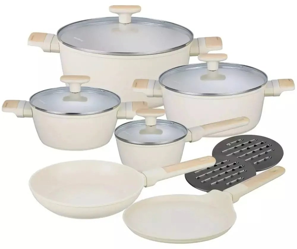 RESIGILAT - Set oale si tigai antiaderente cu capace Klausberg KB7833, bej, 16/20/24/28 cm, design modern, potrivite pentru toate tipurile de plita