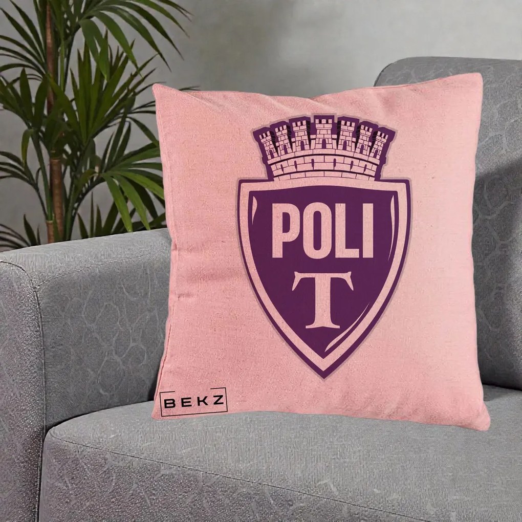 Perna Personalizata Poli Timisoara Fotbal, 40x40 cm, Roz, Husa Detasabila, Perna Inclusa, BEKZ®