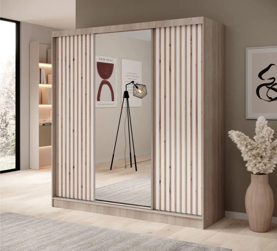 Dulap cu usi glisante si oglinda, 200x61x215 cm, Ida 200, ADRK Furniture (Culoare: Sonoma / Negru)