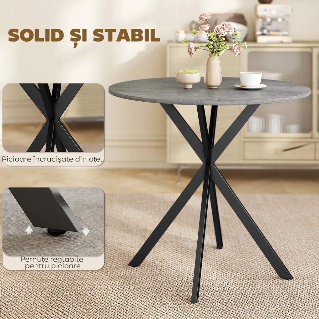 HOMCOM Masă rotundă de dining în stil industrial, cu picioare în cruce din oțel, Ø80 x 75 cm, gri | Aosom Romania