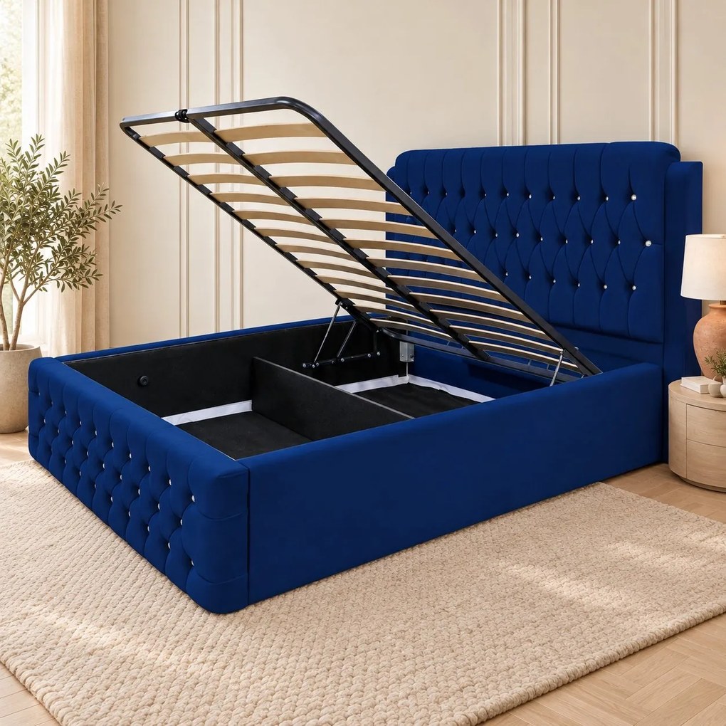 Pat tapițat Chesterfield din catifea Aveline Deluxe 140×200 cm, bleumarin, cu ladă de depozitare