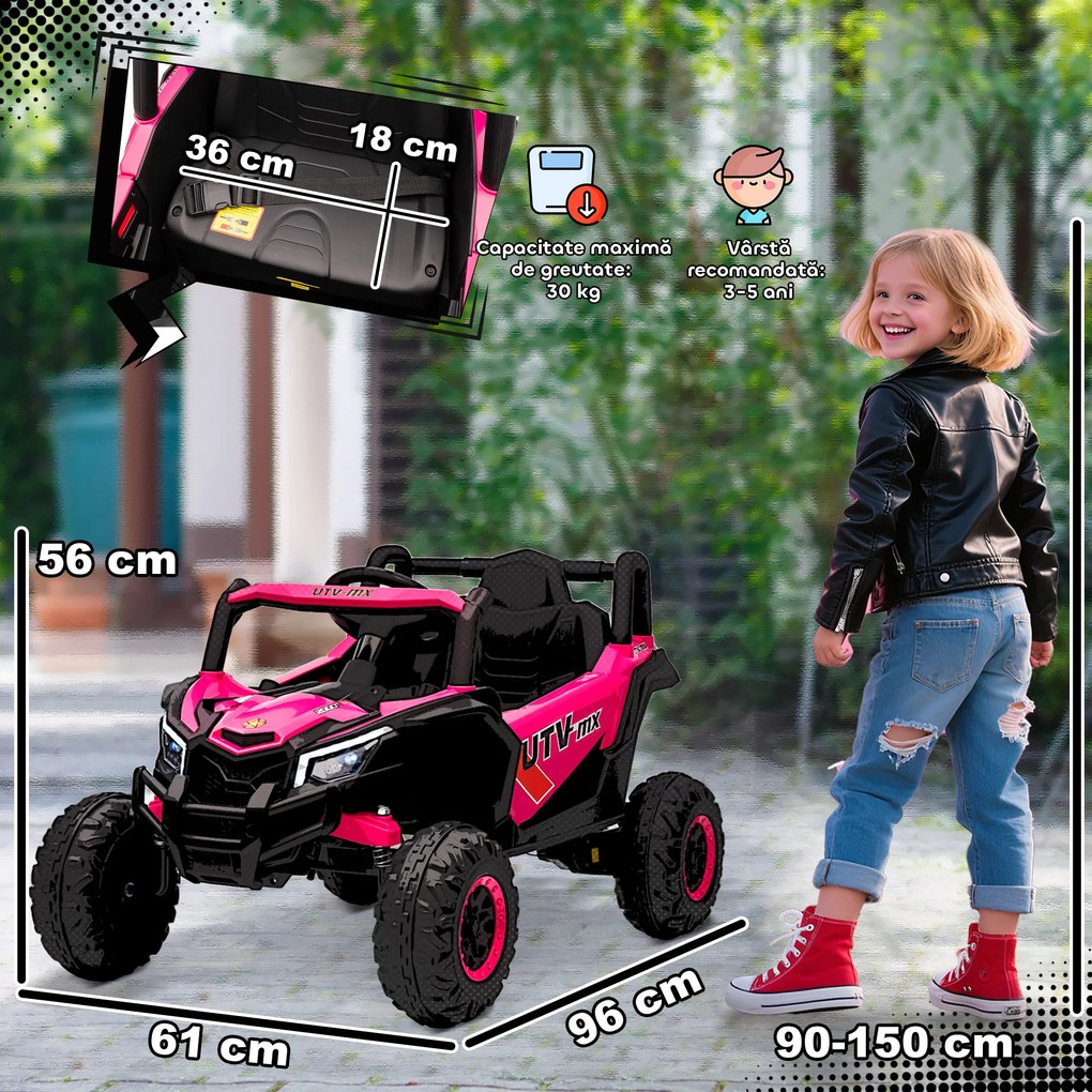 AIYAPLAY Mașină Electrică UTV pentru Copii 12V cu Centură, Telecomandă, Suspensii, USB, 3-7 km/h, 3-5 Ani, Roz | Aosom Romania