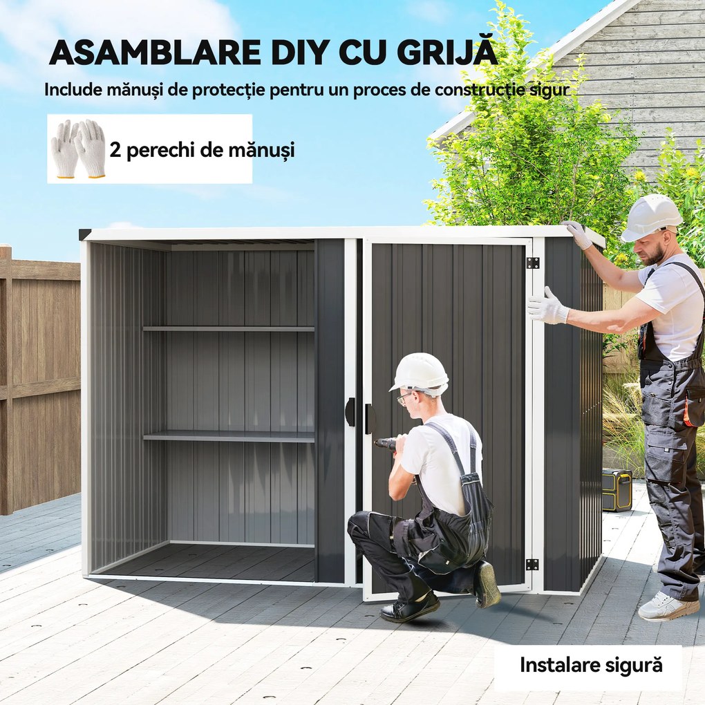Outsunny Șopron de Grădină din Oțel Galvanizat, Ușă Blocabilă, 231 x 125 x 162 cm, Gri Închis | Aosom Romania